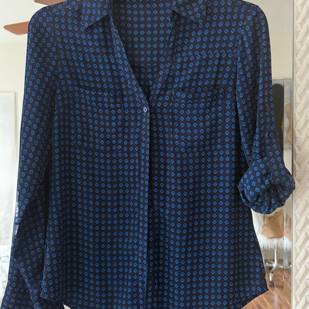 Express Navy Blue Diamond-Print Long Sleeve Blouse